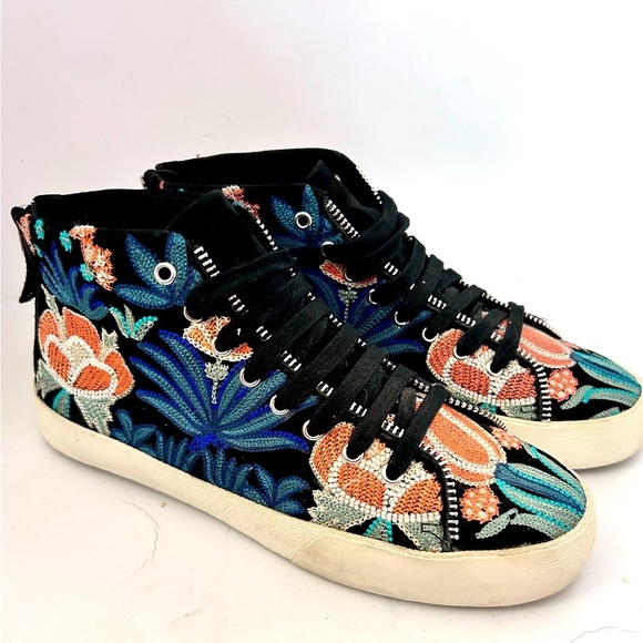 REBECCA MINKOFF Zaina Black Floral Embroidered lace up Mid Sneakers Size 6 - Picture 1 of 10
